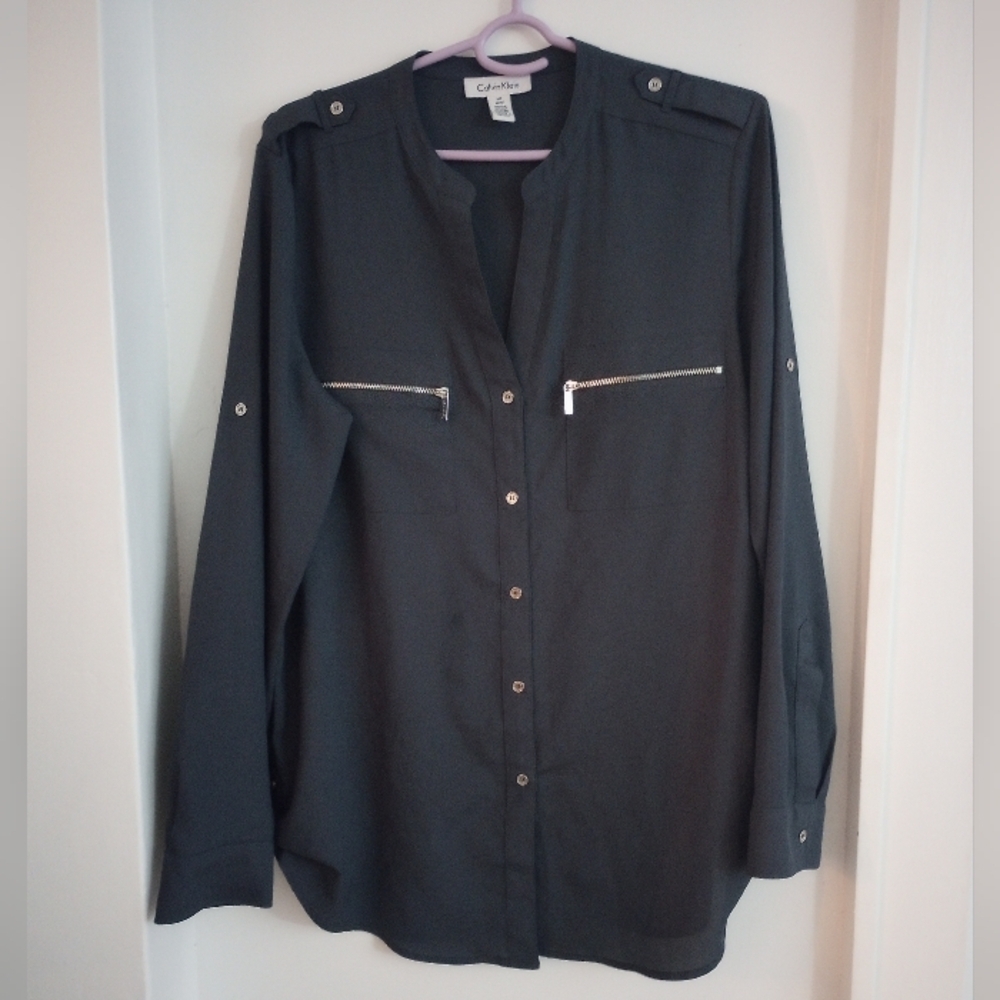 Calvin Klein Deep Gray Blouse Long Sleeve Sheer Top Women Size Medium